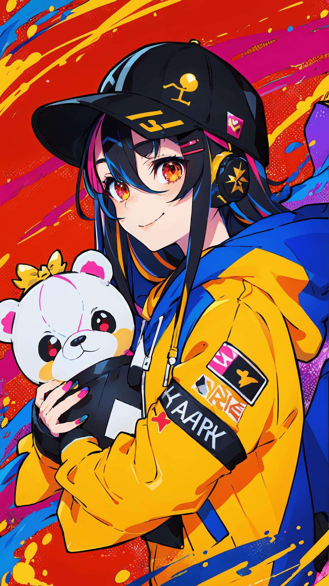 (masterpiece, high quality, highres,illustration),1girl, teddy bear, baseball cap, hat, solo, stuffed animal, stuffed toy, smile, long hair, hood down, jacket, hood, headphones, closed mouth, purple hair, long sleeves, fingernails, nail polish, sleeves past wrists, looking at viewer, multicolored eyes, bangs, hooded jacket, yellow nails, red jacket, multicolored nails, hair ornament, object hug, blush, red nails, white headwear, upper body, purple eyes, claw pose, heart, black headwear, hand up, bow, hoodie, hairclip, nail art, button badge, very long hair, hair between eyes, orange nails, puffy long sleeves, puffy sleeves, black bow, badge, holding, drawstring, red eyes, pink nails, star (symbol), multicolored hair, blue nails, holding stuffed toy, lightning bolt symbol, colorful, looking to the side <lora:tutu's Vibrant Colors:0.75>