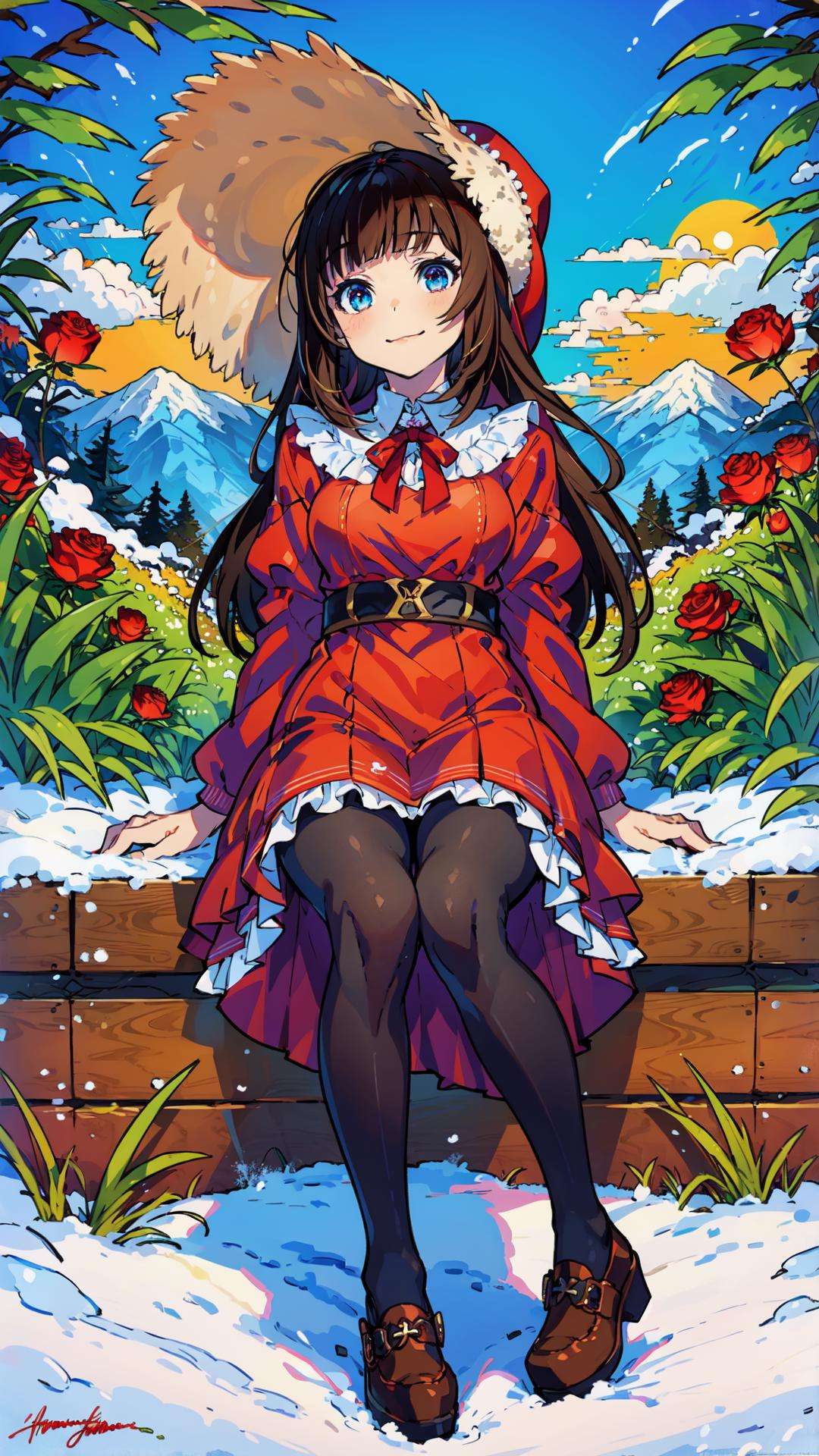 masterpiece, high quality,winter, snow field, 1girl, bangs, blue eyes, blunt bangs, bonnet, brown footwear, brown hair, dress, frills, fruit, full body, hat, long hair, long sleeves, looking at viewer, pantyhose, purple dress, red flower, red rose, rose, shoes, sitting, solo, sky, sun, mountain, forest, lake, <lora:tutu's Vibrant Colors:0.75>