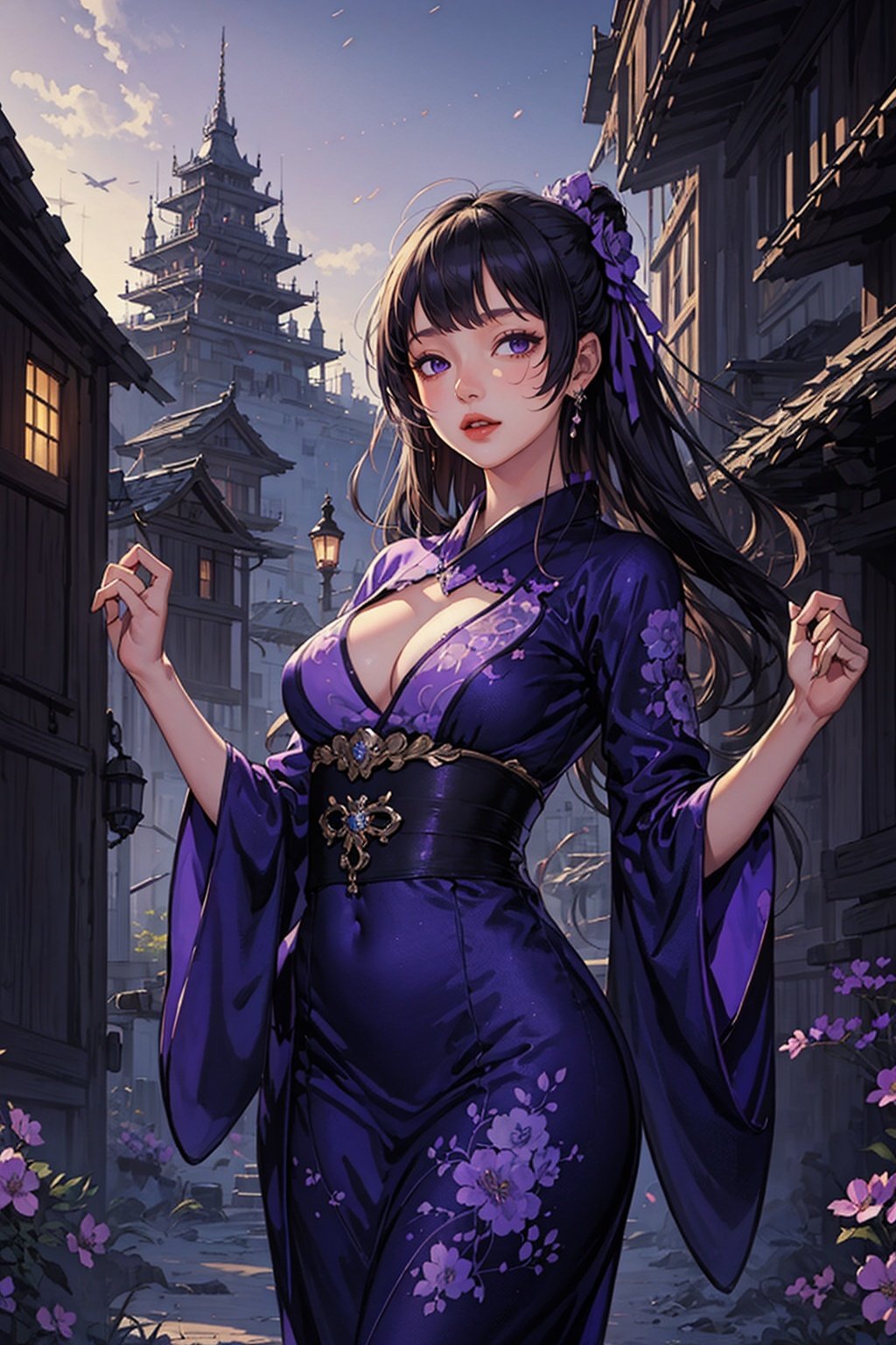 ,(((masterpiece,best quality))),((good structure,Good composition,good atomy)), ((clear, original,beautiful)),as,fantasy,(purple theme:1.3),1girl,outdoors,dress,girl,solo,yukata,(see through:1.2),