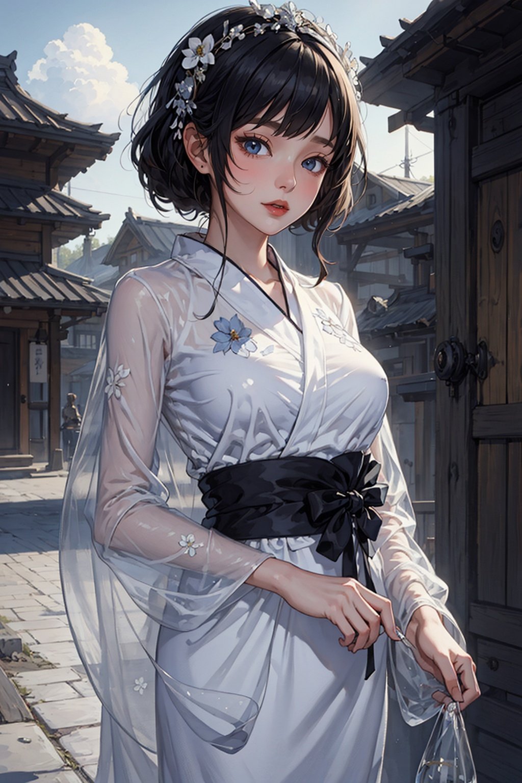 ,(((masterpiece,best quality))),((good structure,Good composition,good atomy)), ((clear, original,beautiful)),as,fantasy,(white theme:1.3),1girl,outdoors,dress,girl,solo,yukata,(see through),