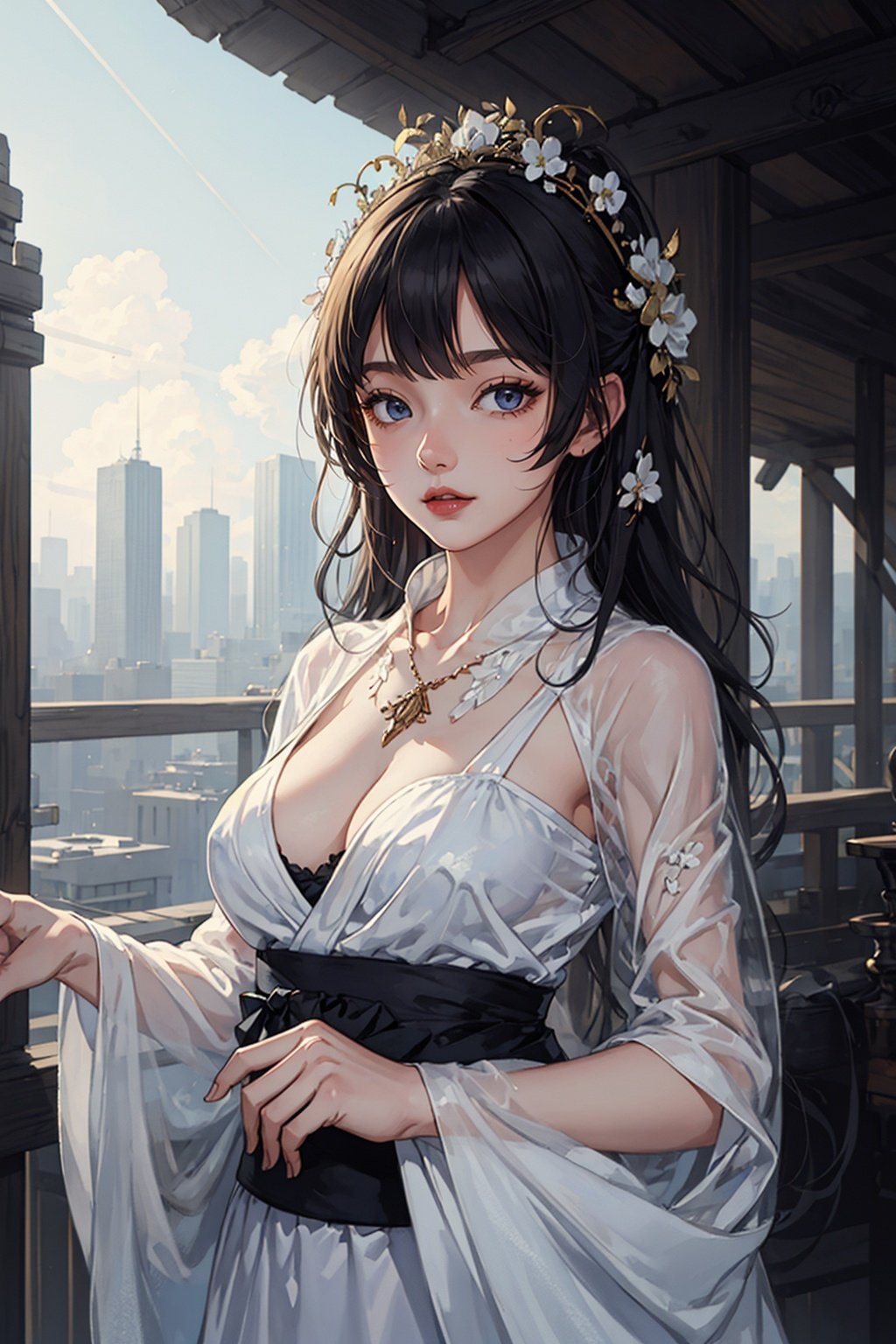 ,(((masterpiece,best quality))),((good structure,Good composition,good atomy)), ((clear, original,beautiful)),as,fantasy,(white theme:1.3),1girl,outdoors,dress,girl,solo,yukata,(see through),