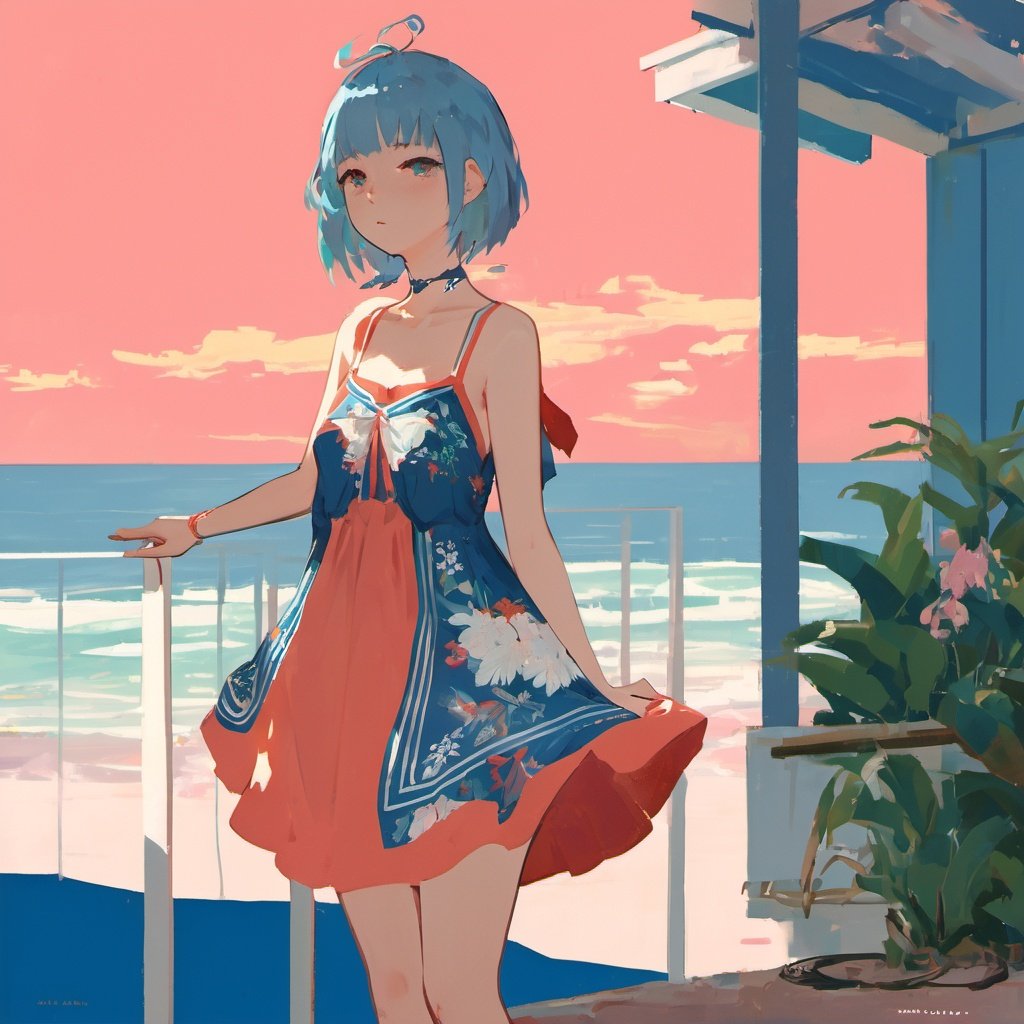 best quality,masterpiece,extremely delicate and beautiful,extremely detailed,ultra high res, (upper body:1.4)youhua,unity,8kwallpaper,aesthetic,finely detail,ultra-detailed,high res,youhua,A girl with blue hair looks enchanting in a coral fit-and-flare sundress, paired with white platform sandals that give her a touch of glamour