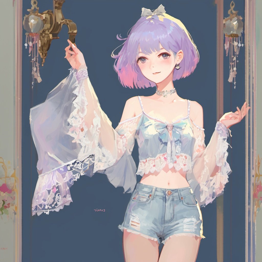 best quality,masterpiece,extremely delicate and beautiful,extremely detailed,ultra high res, (upper body:1.4)youhua,unity,8kwallpaper,aesthetic,finely detail,ultra-detailed,high res,youhua,In a world of color, a pink-haired girl stands out in a lavender lace blouse, light blue denim shorts, and silver ballet flats. Her unique style reflects her bold personality