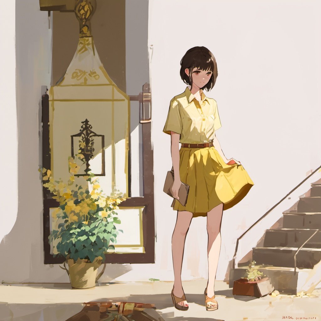 best quality,masterpiece,extremely delicate and beautiful,extremely detailed,ultra high res, (upper body:1.4)youhua,unity,8kwallpaper,aesthetic,finely detail,ultra-detailed,high res,youhua,A brunette girl exudes elegance in a yellow button-down shirt, khaki A-line skirt, and tan wedge sandals. Her outfit radiates sophistication and charm