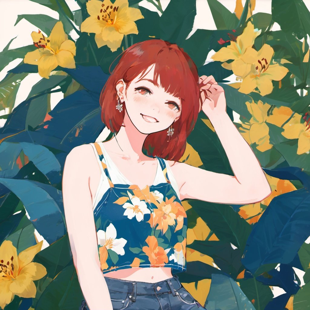 best quality,masterpiece,extremely delicate and beautiful,extremely detailed,ultra high res, (upper body:1.4)youhua,unity,8kwallpaper,aesthetic,finely detail,ultra-detailed,high res,youhua,A playful redhead wears a floral print crop top with high-waisted denim jeans and white canvas sneakers. Her smile matches the vibrant colors of her outfit