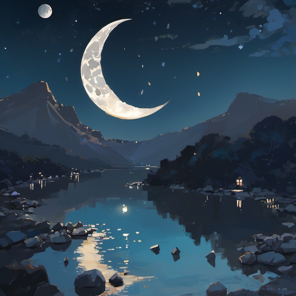 best quality,masterpiece,extremely delicate and beautiful,extremely detailed,ultra high res, youhua,unity,8kwallpaper,aesthetic,finely detail,ultra-detailed,high res,youhua,At night, a starlit sky adorns the darkness with twinkling diamonds, as the moon bathes everything in a mystical silver glow