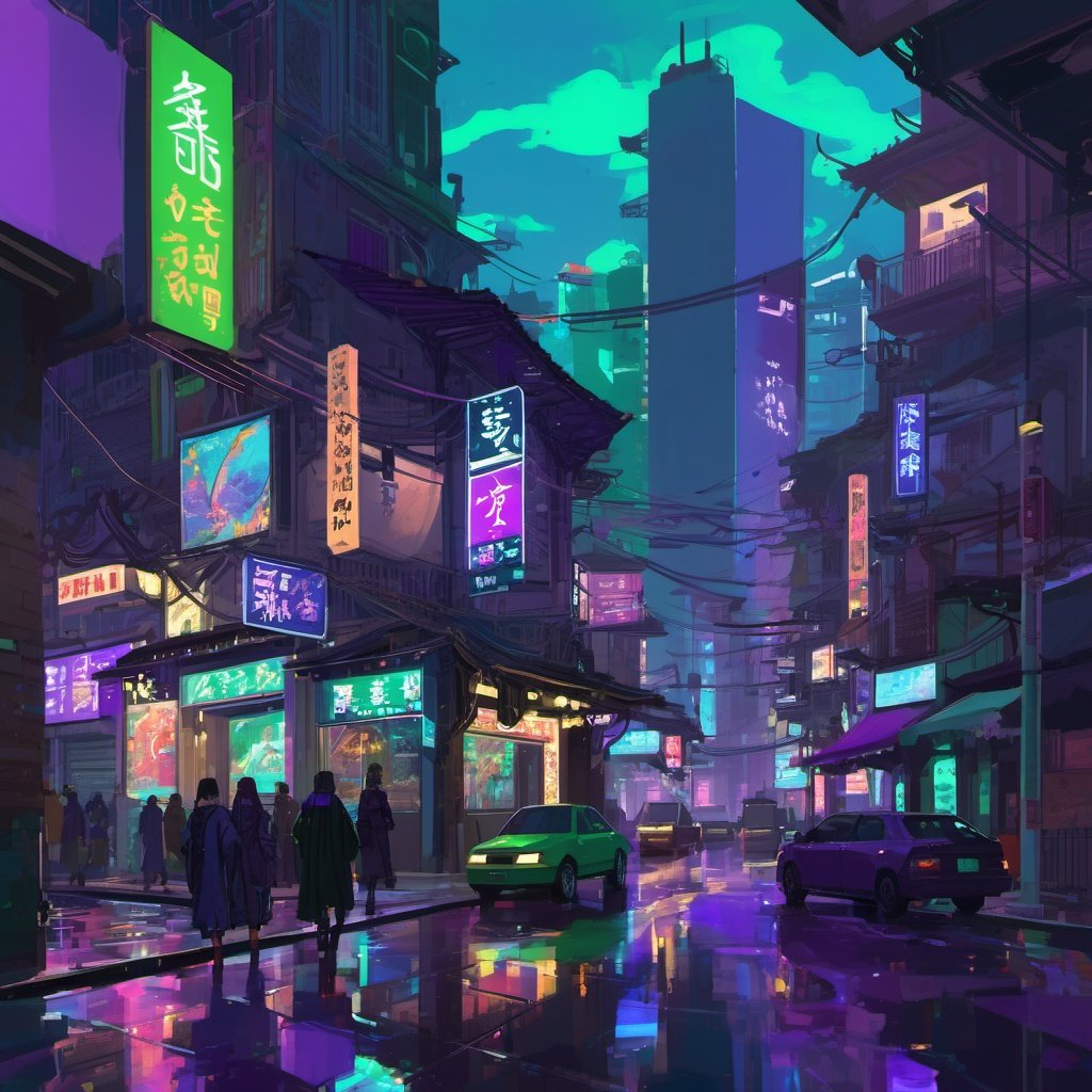 best quality,masterpiece,extremely delicate and beautiful,extremely detailed,ultra high res, youhua,unity,8kwallpaper,aesthetic,finely detail,ultra-detailed,high res,youhua,In a fantasy city, neon lights illuminate the streets in neon green, electric blue, and pulsating purple, creating an otherworldly atmosphere