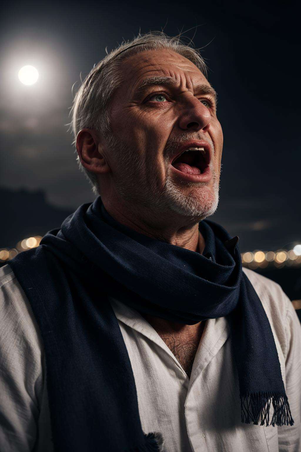 upper body portrait photo of a man an old (screaming sailor:1.2), wearing scarf, eyes looking upwards, (bokeh:0.7), sidelit, (wrinkled face in detail:0.7), moonlit, torchlit, gritty atmosphere, oceanic night exterior