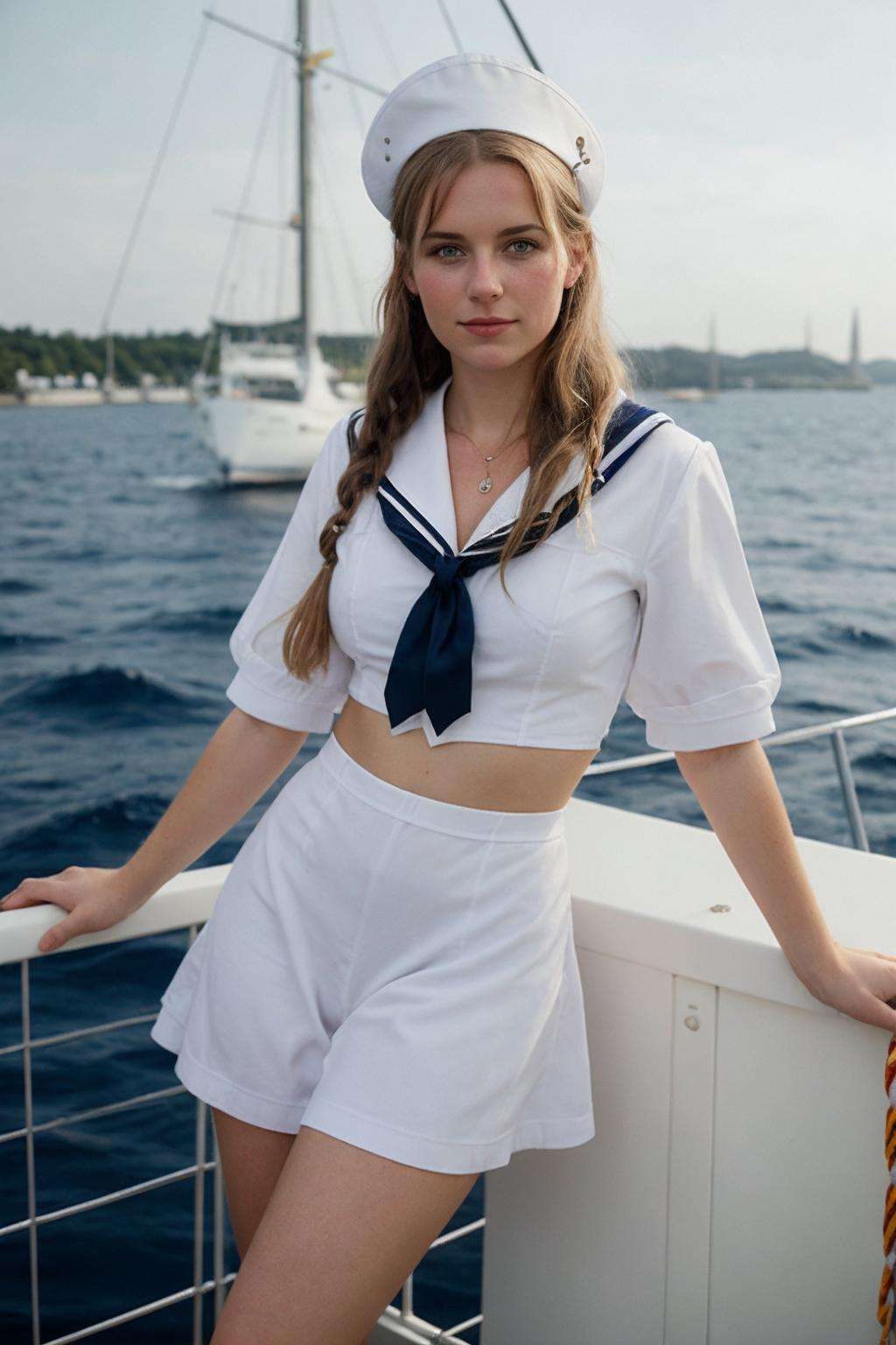 photo full-body portrait of a cute german woman \Stefanie Hinze\ as a sailor, (grainy:0.7)