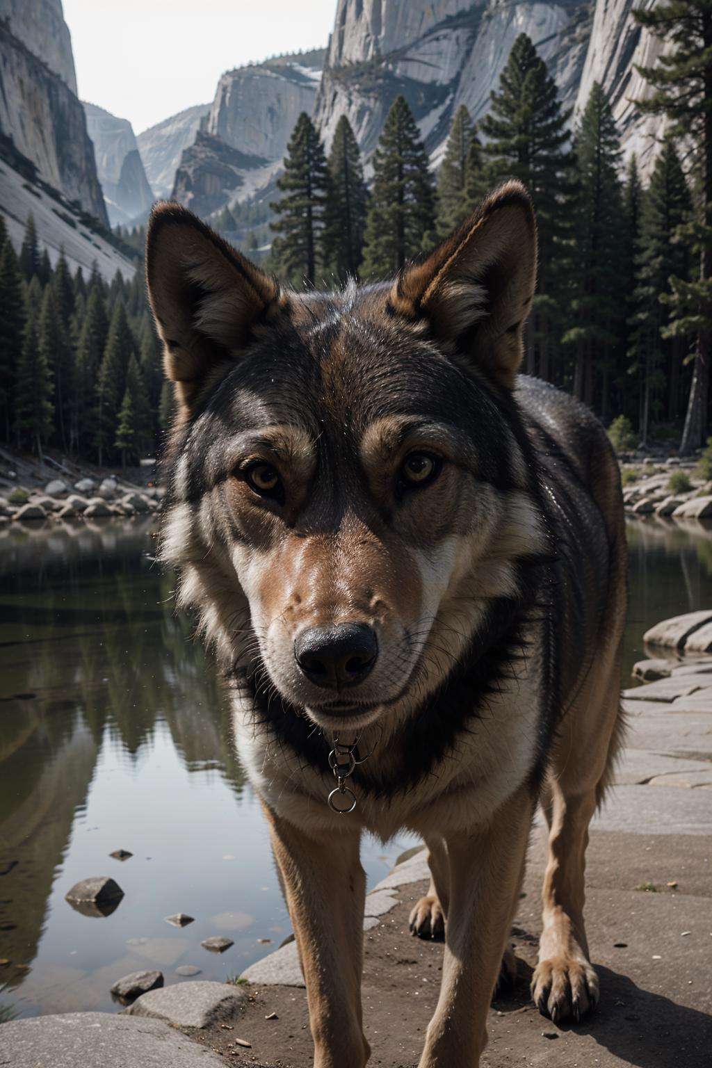 RAW Photo, DSLR BREAKclose-up, a wolf in Yosemite National Park, chilly nature documentary film photography BREAKdetailed, sunrays, sunlight, cinematic lighting, professional colorgraded