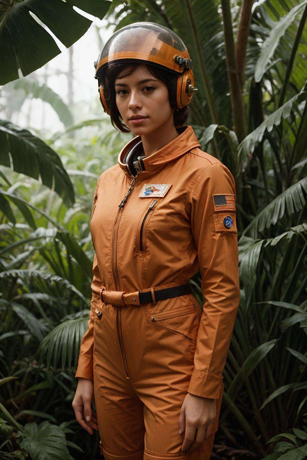 waist-up "female Astronaut in a Jungle" by Syd Mead, broken helmet tangerine cold color palette, muted colors, detailed, 8k