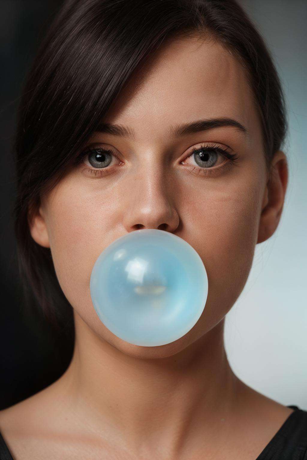 RAW Photo, DSLR BREAK(kkw-ph1:0.9) BREAKhalf body portrait of a young 20yo woman, black hair, wearing a summer dress BREAKdetailed, blowing bubble gum, translucent blue bubble gum <lora:Bubble Gum:0.55>, professional colorgraded