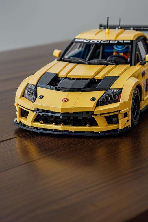 Photo, DSLR BREAKA race car make of legos on a wood table, close-up, blurry BREAKdetailed, professional colorgraded