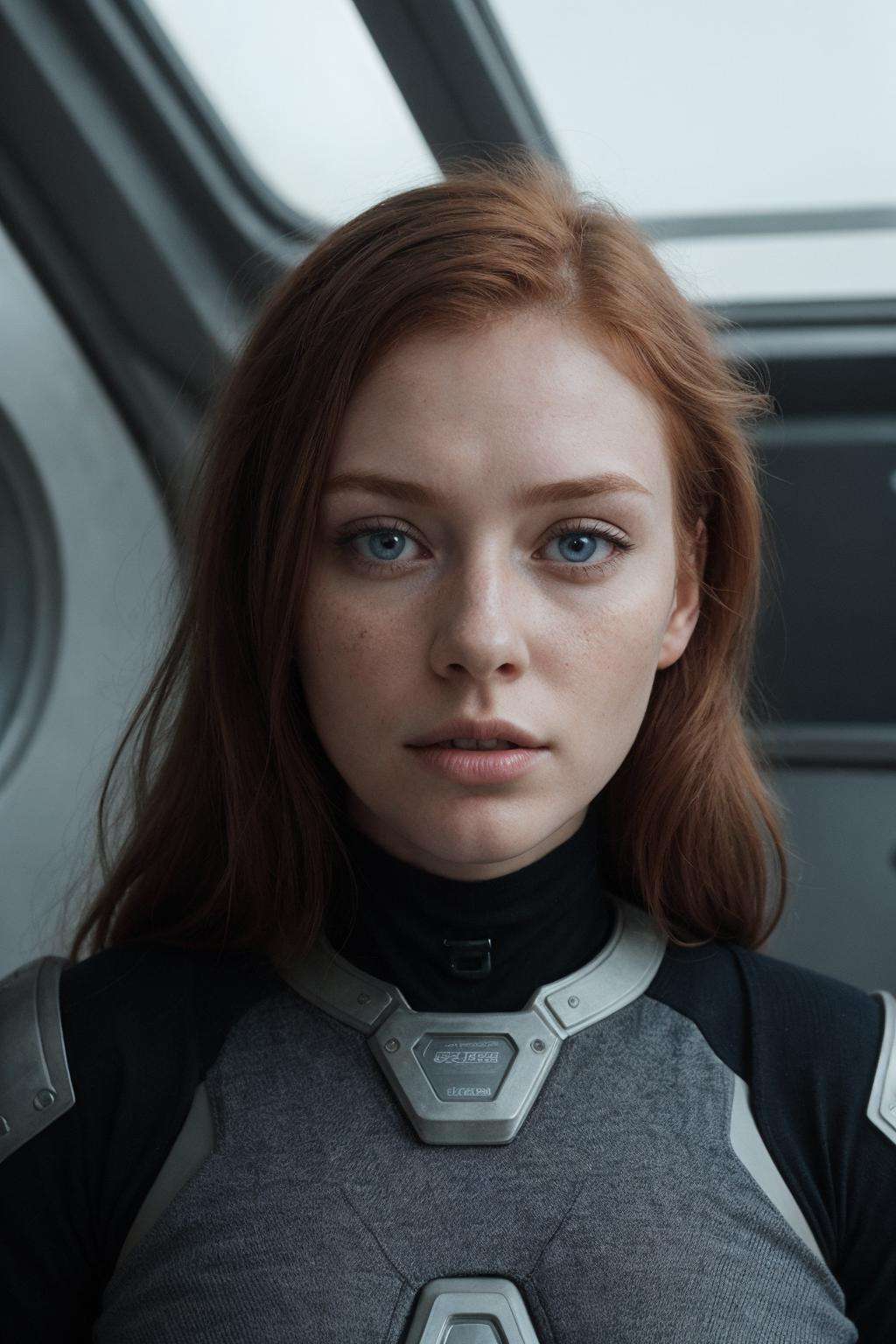 photo of a ginger woman, in space, futuristic space suit, (freckles:0.8) cute face, sci-fi, dystopian, detailed eyes, blue eyes