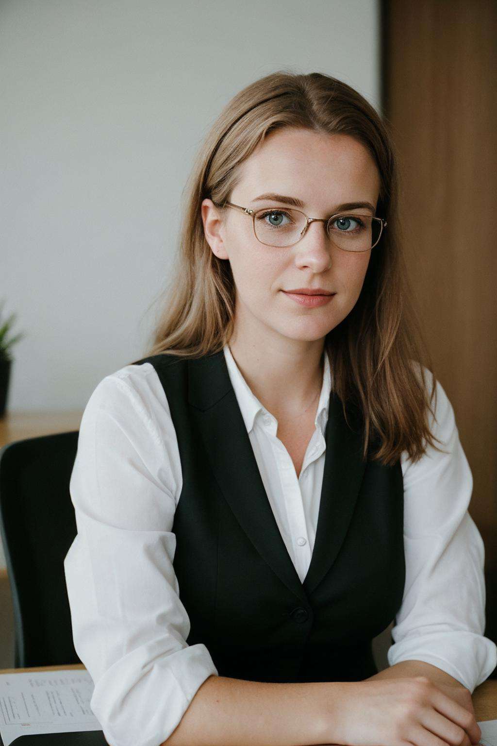 photo portrait of a cute german woman \Stefanie Hinze\ as a secretary, (grainy:0.7)