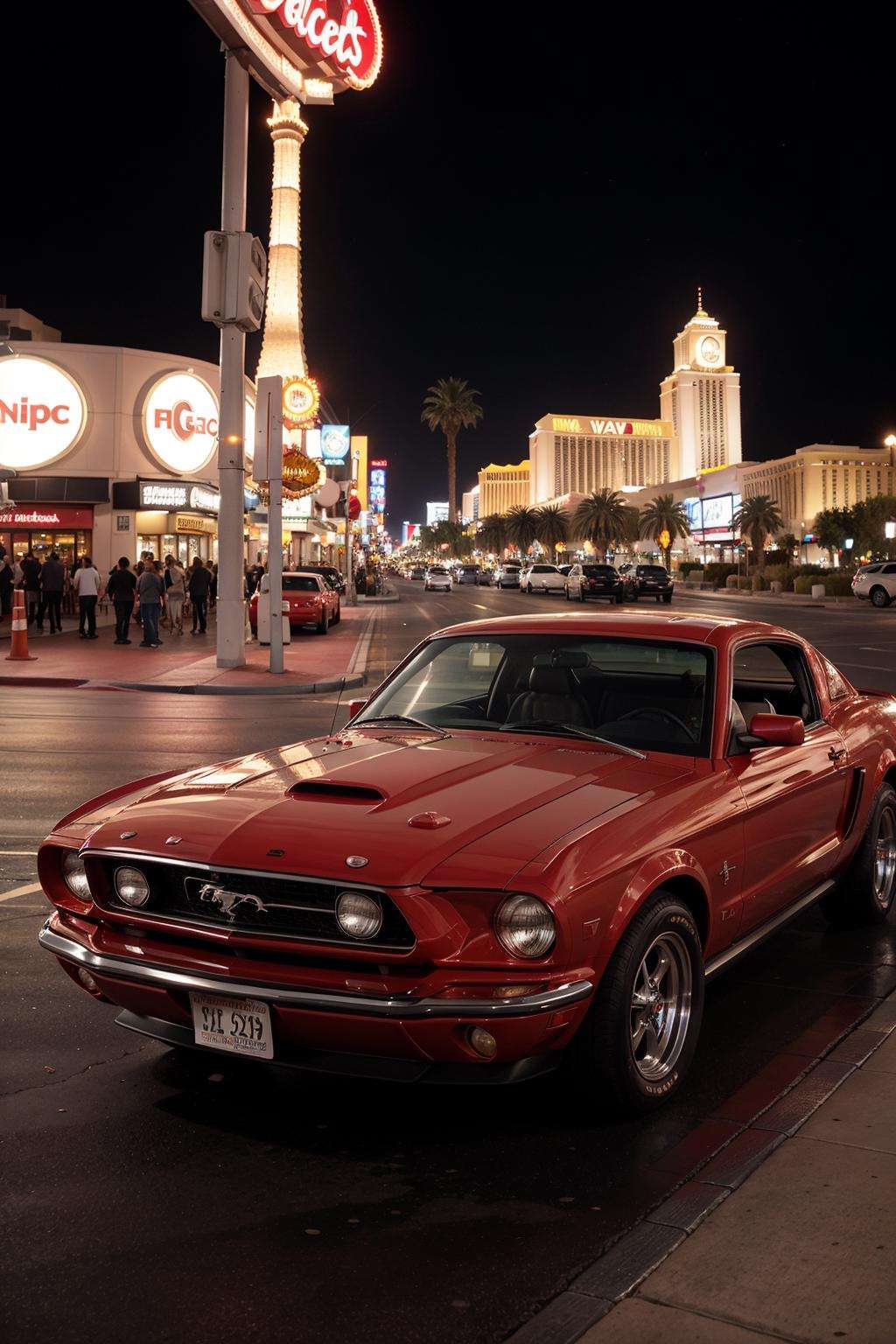 Photo of a classic red mustang car parked in las vegas strip at night