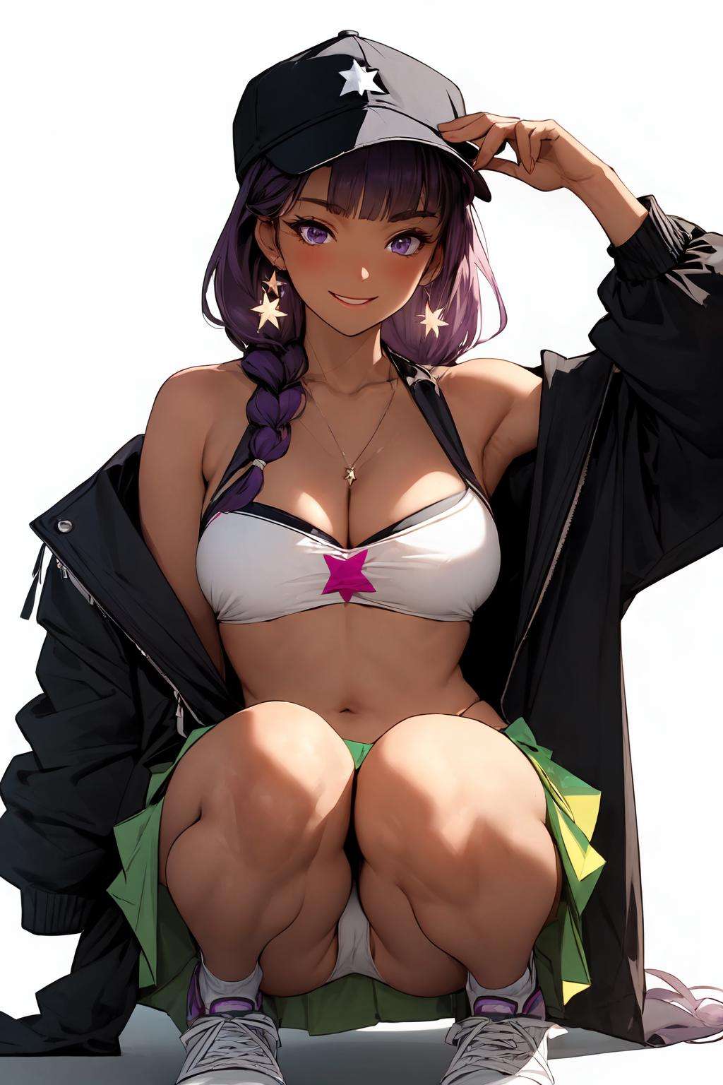 outdoors, 1girl, long_hair, breasts, looking_at_viewer, blush, smile, open_mouth, bangs, skirt, large_breasts, simple_background, long_sleeves, hat, white_background, navel, cleavage, bare_shoulders, very_long_hair, underwear, purple_eyes, collarbone, panties, jacket, swimsuit, full_body, purple_hair, braid, bikini, thighs, one_eye_closed, shoes, socks, dark_skin, miniskirt, off_shoulder, star_(symbol), dark-skinned_female, single_braid, multiple_views, white_headwear, squatting, white_footwear, sneakers, baseball_cap, cropped_jacket, hat_ornament, asymmetrical_hair, bandeau, yellow_jacket, yellow_skirt, star_hat_ornament