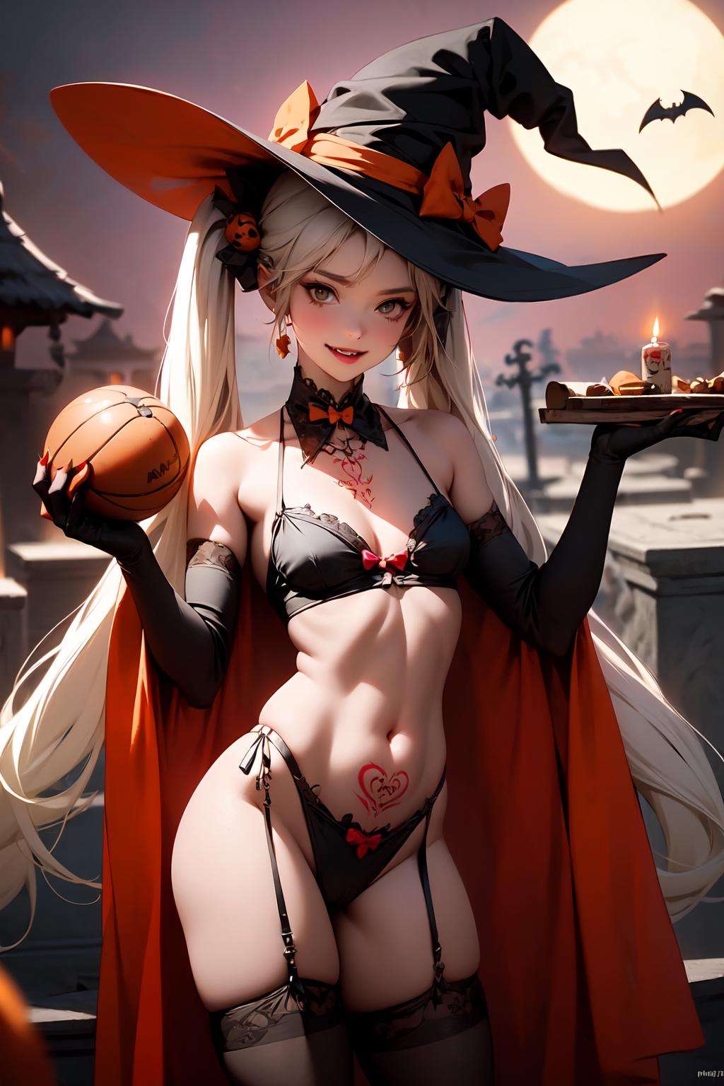 bat, candy, halloween, halloween_bucket, halloween_costume, happy_halloween, jack-o'-lantern, pumpkin, pumpkin_hair_ornament, pumpkin_hat, tattoo, trick_or_treat, witch_hat, body_writing, pubic_tattoo, tombstone, garter_straps,pasties, thighhighs, silk, ghost_costume, lollipop, spider_web, 1girl, vampire_costume, bat_hair_ornament, basketball, food-themed_hair_ornament, graveyard, long_hair, orange_ribbon, heart_tattoo, holding_vegetable, broom, candy_cane, orange_choker, bat_wings, basket, small breasts, solo, candle, food, orange_bow, open_mouth, bat_print, castle, orange_panties, black_legwear,vegetable, bow, shoulder_tattoo, orange_nails, gloves, twintails, spider_web_print, blonde_hair, very_long_hair, lantern, grave, charmander, orange_legwear, navel, bare_tree, smile, orange_bowtie, elbow_gloves, cookie, full_moon, cape, mini_witch_hat, bridal_gauntlets