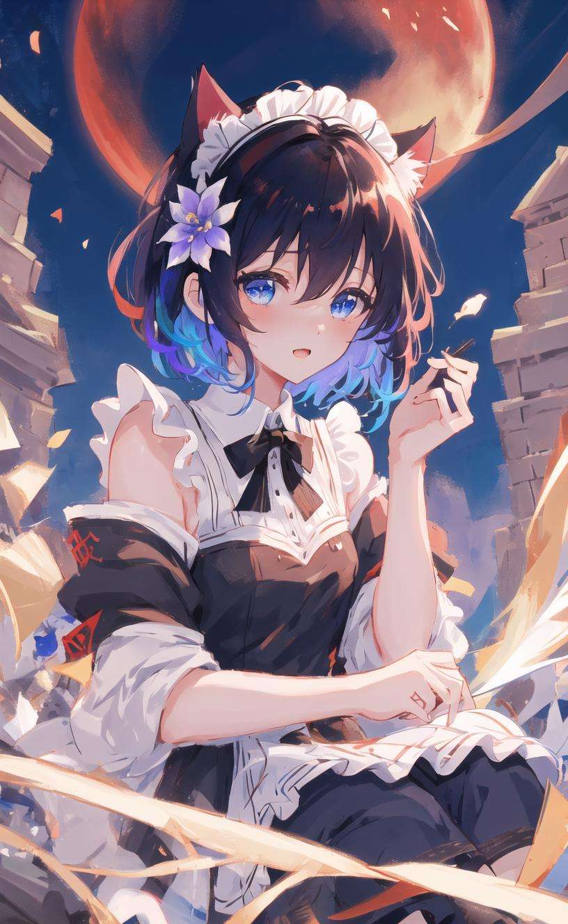 Seele,seele，detailed，masterpiece, best quality，Seele,seele，detailed，masterpiece, best quality，1girl, solo,  bangs,hair ornament, hair flower,,  blue eyes, short hair,, bare shoulders, blue hair, hair between eyes, white flower,   blue flower，black hair，1girl,cat ears, maid,maid headdress,((traditional_media)), ((beautiful detailed sky)) , dark , (beautiful detailed moon1) ,red moon,  , ( red magic_circle:1.1) , (ruins:1.2) ,ray tracing, cinematic lighting , (beautiful detailed girl : 1.5) , 1girl ,  , beautiful detailed face , delicate face ,  , singing ,  , bust , artbook，(blood on face:0.2)，