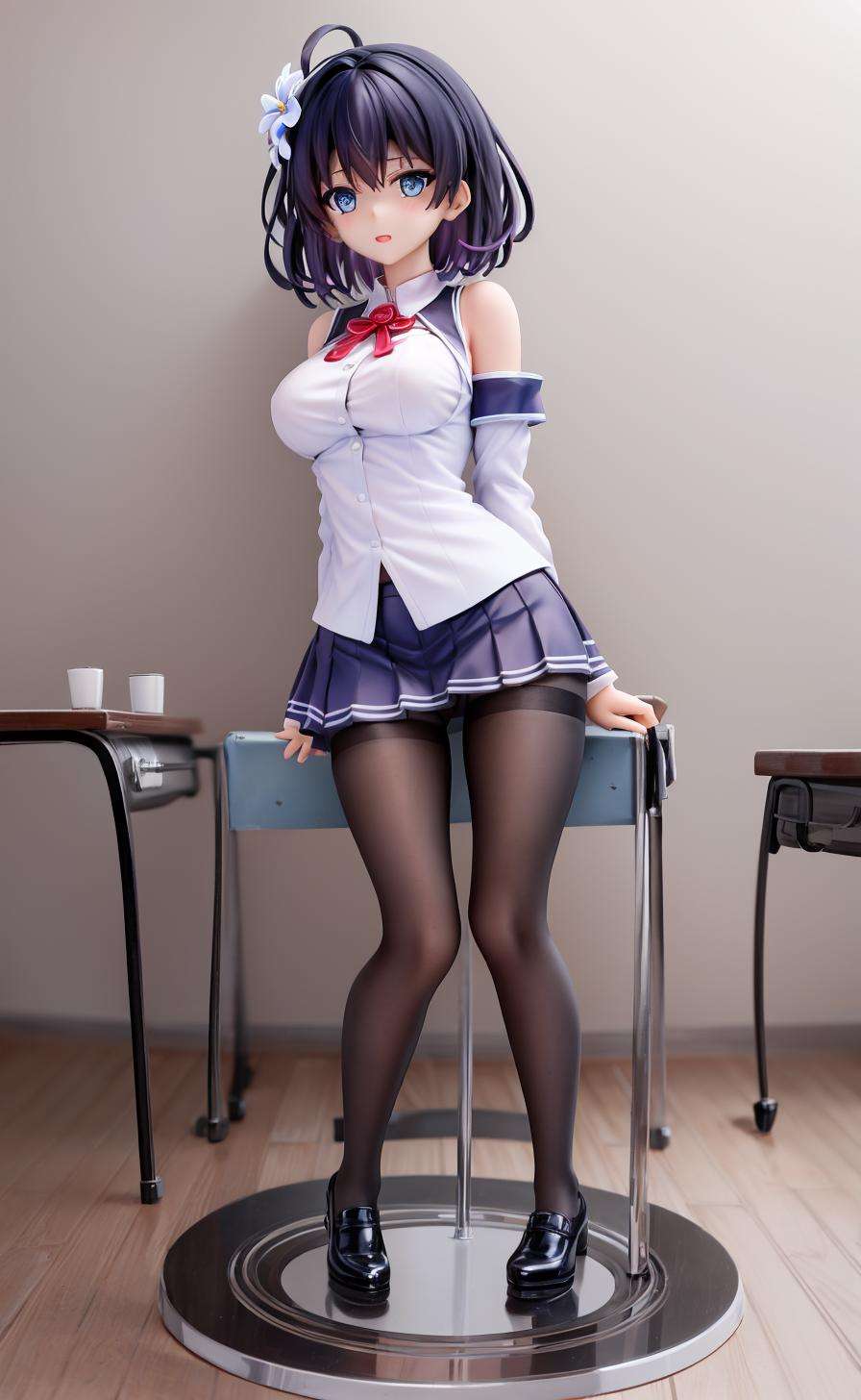 Seele,seele，detailed，masterpiece, best quality，PVC figure texture，（PVC）1girl, solo,  bangs,hair ornament, hair flower,,  blue eyes, short hair,, bare shoulders, blue hair, hair between eyes, white flower,   blue flower，black hair，1girl, ,school uniform,pantyhose, full body,