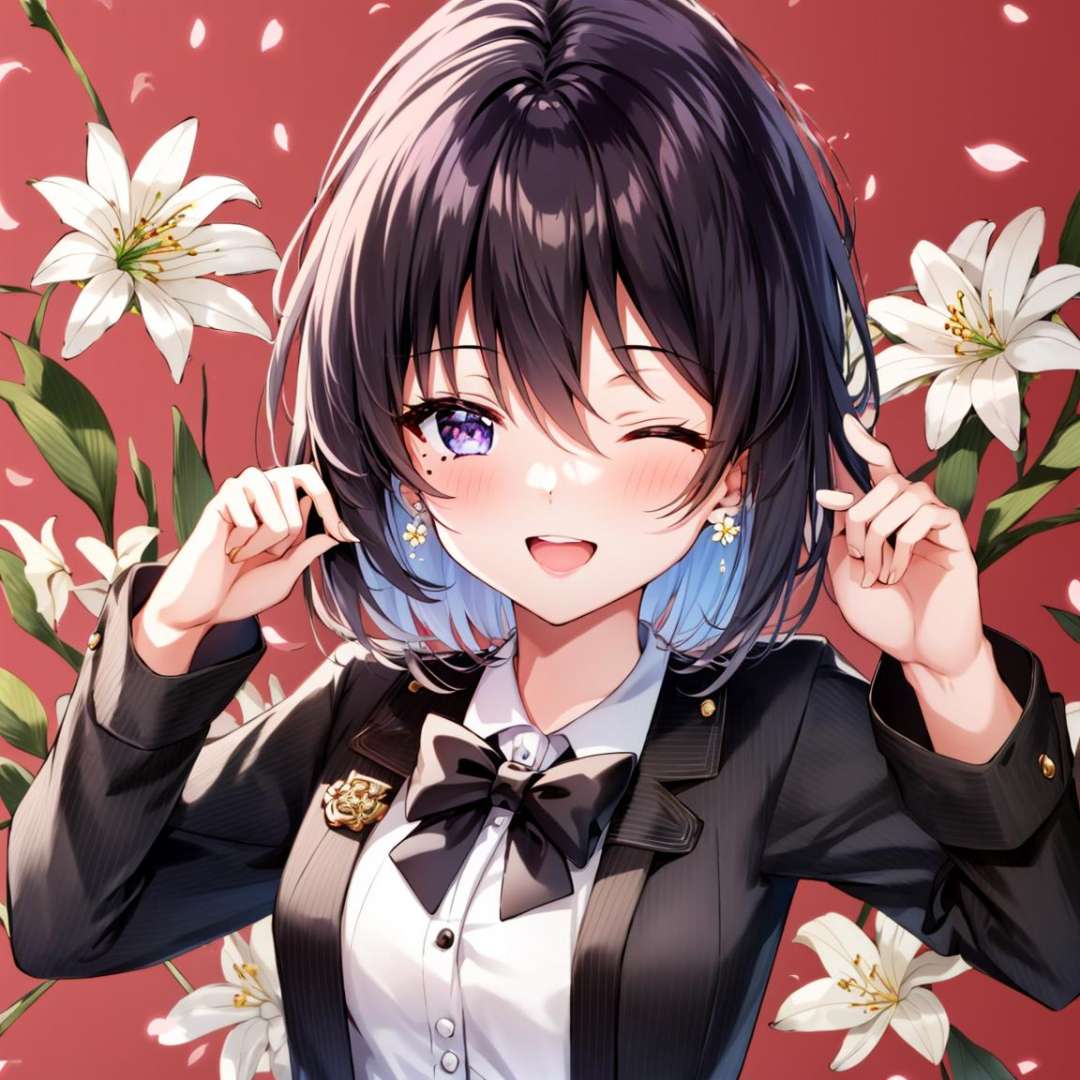 1girl, ;d, black bow, black bowtie, black hair, blush, bow, bowtie, branch, cherry blossoms, collared shirt, daisy, earrings, floral background, flower, flower \(symbol\), flower earrings, flower field, hair ornament, jewelry, lily \(flower\), long sleeves, looking at viewer, mole, one eye closed, open mouth, petals, pink flower, plum blossoms, red background, shirt, short hair, smile, solo, spring \(season\), upper body, white flower, white shirt