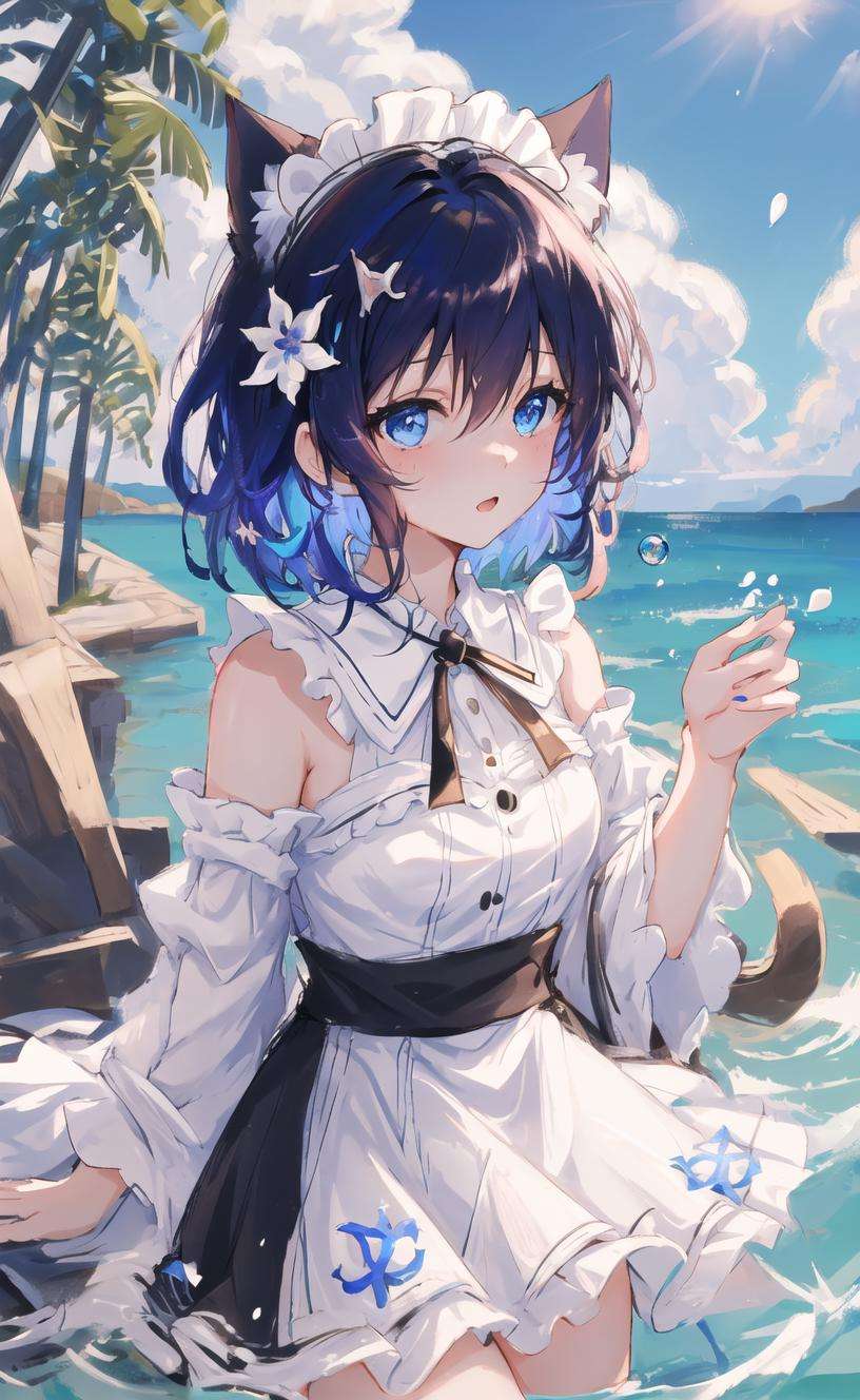 Seele,seele，detailed，masterpiece, best quality，Seele,seele，detailed，masterpiece, best quality，1girl, solo,  bangs,hair ornament, hair flower,,  blue eyes, short hair,, bare shoulders, blue hair, hair between eyes, white flower,   blue flower，black hair，1girl,cat ears, maid,maid headdress,((sea beach)),{{illustration}},{{{masterpiece}}},{{best quality}},{High resolution}, hignity 8k wallpaper,detailed background,{beautiful detailed water},{beautiful detailed sky},{beautiful detailed sea},{beautiful detailed eyes},(detailed light),((extremely delicate and beautiful girls)),((blue bubble)),splash, fluttered detailed splashs,{{intricate detail}},{highres},{{young girl}},Jewel-like eyes,{floating hair},long hair,{flowers},sunlight,{{surrounded_by_floating_petal}},chiaroscuro,swimming ring, splash,waves, coconut trees,