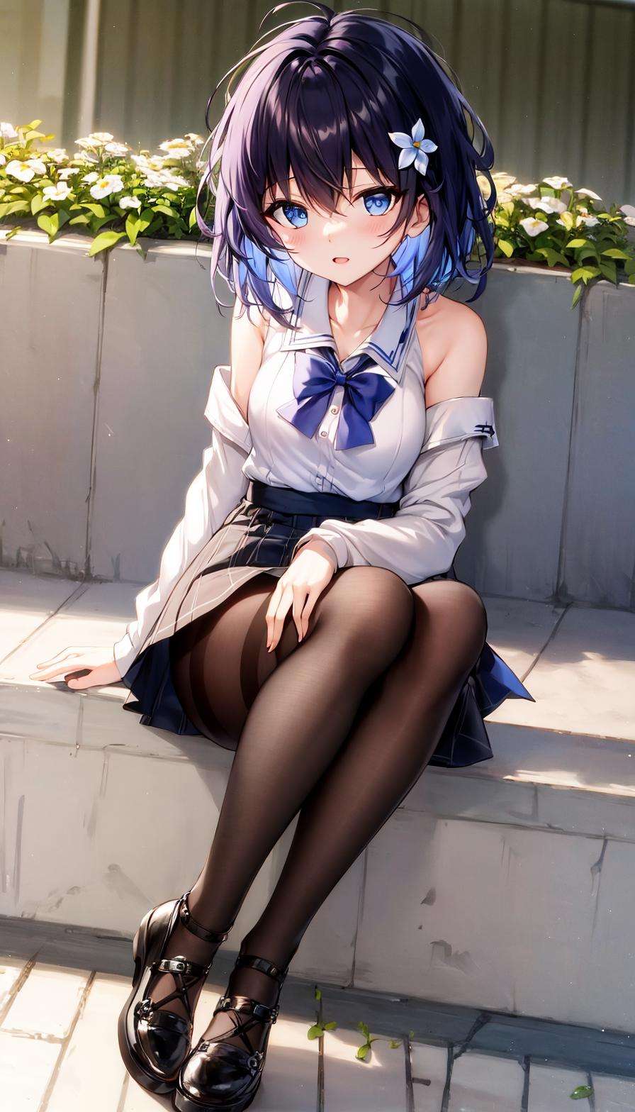 Seele,seele，detailed，masterpiece, best quality，Seele,seele，detailed，masterpiece, best quality，1girl, solo,  bangs,hair ornament, hair flower,,  blue eyes, short hair,, bare shoulders, blue hair, hair between eyes, white flower,   blue flower，black hair，1girl, ,school uniform, outdoors, pantyhose, full body,