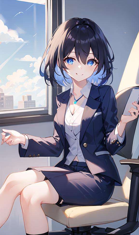 blue sky, office room, computer, desk, windows, 1girl, (business suit:1.5), garter stocking, high heels, sitting on desk, smile, hand on desk, detailed，masterpiece, best quality，1girl, <lora:seele-08:0.3>， <lora:seelewhite:0.3> ，<lora:lora_seeleshengsizhilvzhe_v1.0:0.2>，shiny，1girl, solo, bangs，blue eyes, short hair, blue hair, hair between eyes, black hair，