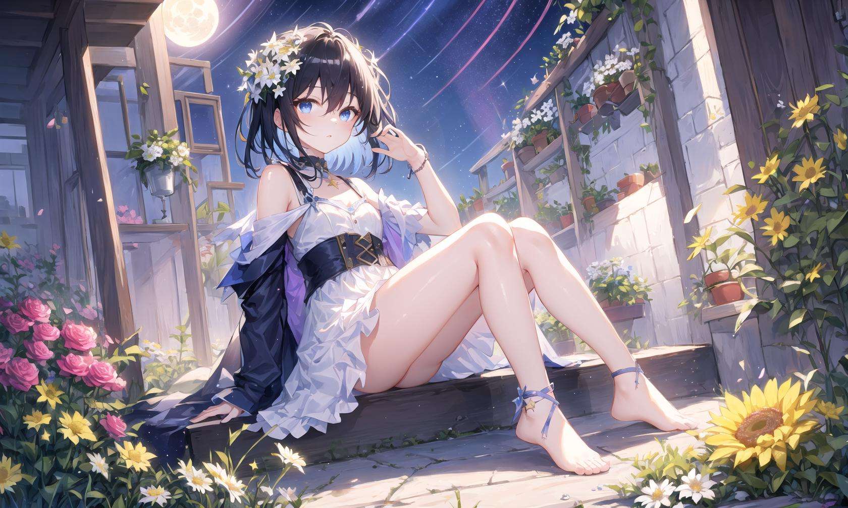 Seele,seele，detailed，masterpiece, best quality，1girl, solo, bangs,hair ornament, , blue eyes, short hair,blue hair, hair between eyes, black hair，(flat color),colorful,(masterpiece:1,2), best quality, masterpiece, highres, original, extremely detailed wallpaper, looking at viewer,(mid shot:0.95),(full body:1.25),Dynamic angle,extremely delicate and beautiful,(This is the greenhouse),(greenhouse),(nature),depth of field,amazing,masterpiece,growth,solo,lens flare,she(sitting, admiring the flowers and the moon),she(long white hair+golden eyes+white simple style transparent dress+hair flower+shiny skin+shiny hair+crystal clear clothes),bare legs,barefoot,((star trail:1.3),potted plant,hanging potted plants,ceiling lamp,potted smallpox,blighting stars,night,elegant,night sky,extremely delicate and beautiful sky,shiny,nebula,star,galaxy,meteor,meteor shower,close-up,petals floating,many flowers,garden,glowworm,daisy, carnation, lavender, lily, chrysanthemum, rose),