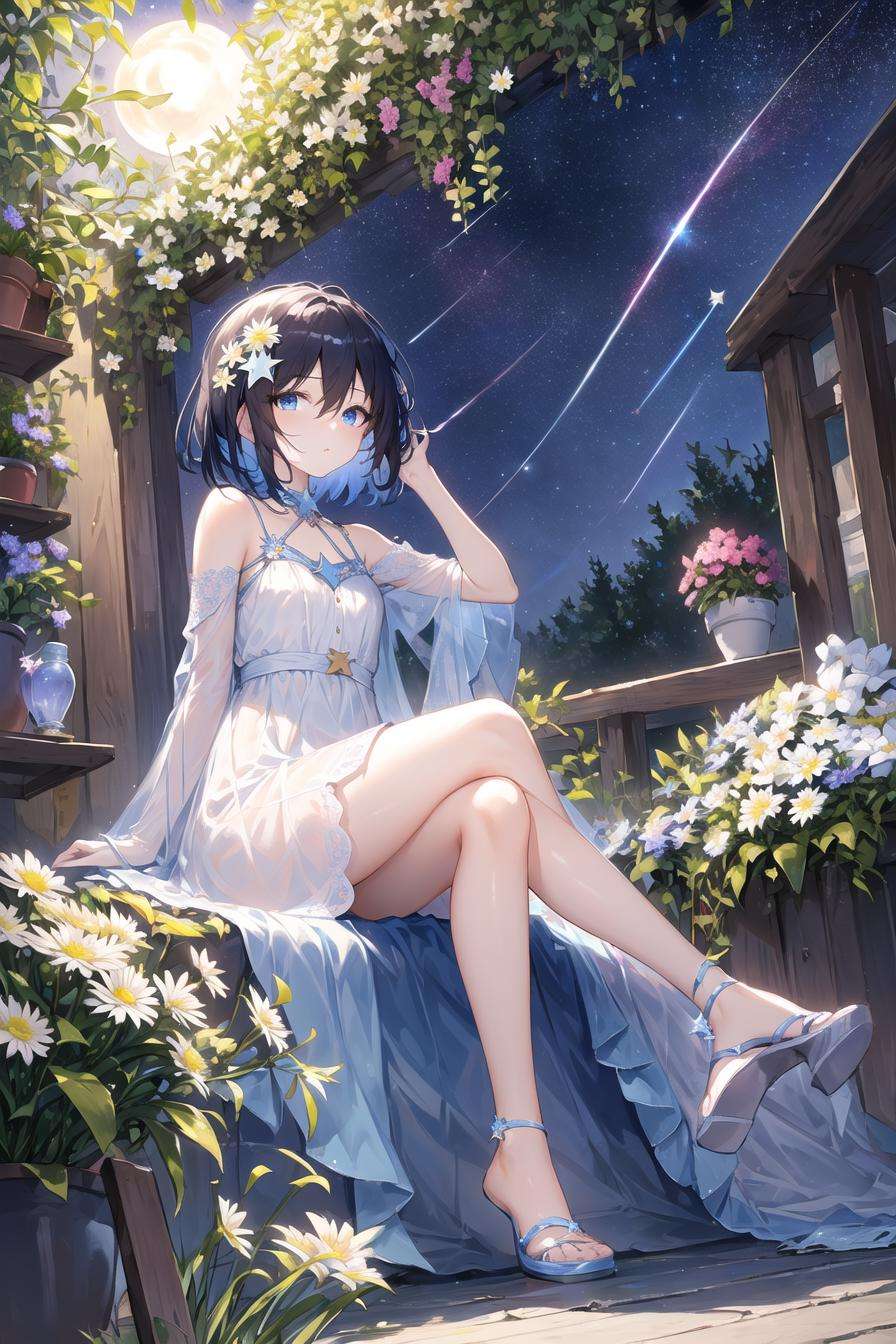 Seele,seele，detailed，masterpiece, best quality，1girl, solo, bangs,hair ornament, , blue eyes, short hair,,, blue hair, hair between eyes, black hair，(sharp focus:1.2),(flat color),colorful,(masterpiece:1,2), best quality, masterpiece, highres, original, extremely detailed wallpaper, looking at viewer,(mid shot:0.95),(full body:1.25),Dynamic angle,extremely delicate and beautiful,(This is the greenhouse),(greenhouse),(nature),depth of field,amazing,masterpiece,growth,solo,lens flare,she(sitting, admiring the flowers and the moon),she(white simple style transparent dress+hair flower+shiny skin+shiny hair+crystal clear clothes),bare legs,barefoot,((star trail:1.3),potted plant,hanging potted plants,ceiling lamp,potted smallpox,blighting stars,night,elegant,night sky,extremely delicate and beautiful sky,shiny,nebula,star,galaxy,meteor,meteor shower,close-up,petals floating,many flowers,garden,glowworm,daisy, carnation, lavender, lily, chrysanthemum, rose),