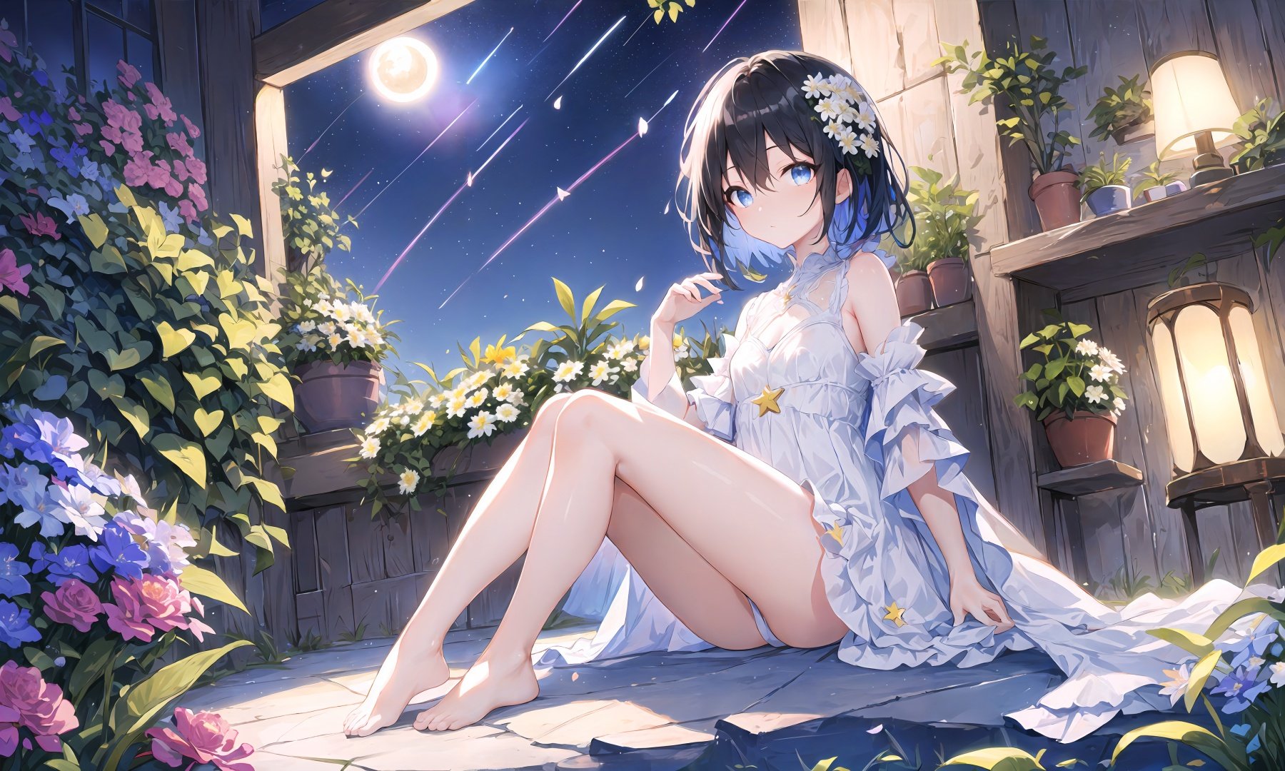 Seele,seele，detailed，masterpiece, best quality，1girl, solo,  bangs,hair ornament, ,  blue eyes, short hair,,, blue hair, hair between eyes, black hair，(flat color),colorful,(masterpiece:1,2), best quality, masterpiece, highres, original, extremely detailed wallpaper, looking at viewer,(mid shot:0.95),(full body:1.25),Dynamic angle,extremely delicate and beautiful,(This is the greenhouse),(greenhouse),(nature),depth of field,amazing,masterpiece,growth,solo,lens flare,she(sitting, admiring the flowers and the moon),loli,little girl,she(long white hair+golden eyes+white simple style transparent dress+hair flower+shiny skin+shiny hair+crystal clear clothes),bare legs,barefoot,((star trail:1.3),potted plant,hanging potted plants,ceiling lamp,potted smallpox,blighting stars,night,elegant,night sky,extremely delicate and beautiful sky,shiny,nebula,star,galaxy,meteor,meteor shower,close-up,petals floating,many flowers,garden,glowworm,daisy, carnation, lavender, lily, chrysanthemum, rose),(looking at viewer),