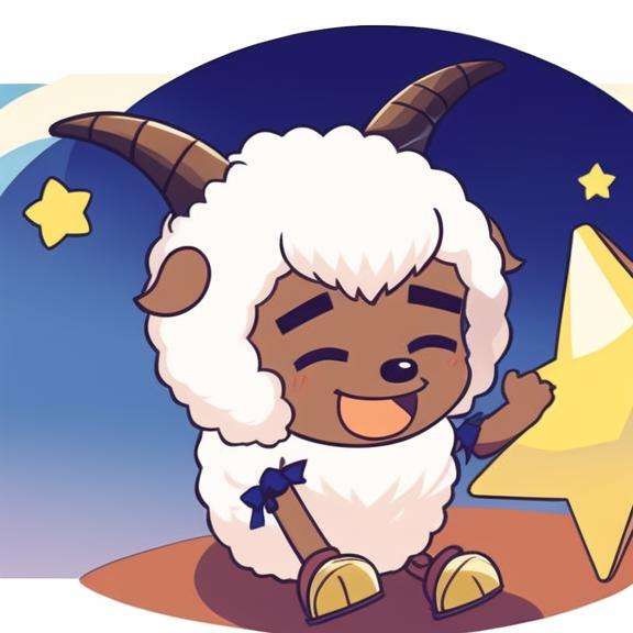 detailed，masterpiece, best quality，1boy, male focus, solo, horns, moon, smile, open mouth, star (sky), dark skin, crescent moon, parody, closed eyes, >_<, sky,, night, sheep, starry sky