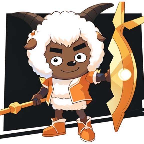 detailed，masterpiece, best quality，1boy, horns, male focus, solo, black background, simple background, dark skin, dark-skinned male, smile, white hair, jewelry, full body, wings, hammer, sheep horns, orange footwear, standing, holding，