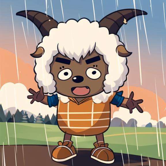 detailed，masterpiece, best quality，1boy, solo, horns, male focus, open mouth, dark skin, looking at viewer, outdoors, rain, parody, furry male, furry, dark-skinned male