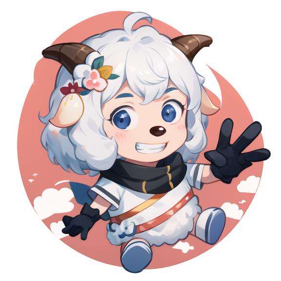 detailed，masterpiece, best quality，solo, smile, gloves, male focus, horns, white background, simple background, sheep horns, furry, white hair, grin, animal ears, teeth, looking at viewer, full body