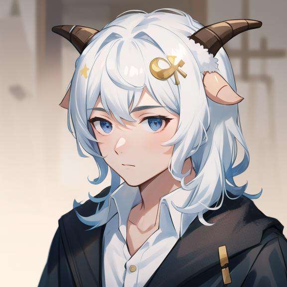 detailed，masterpiece, best quality，horns, sheep horns, furry, white hair, animal ears,a man