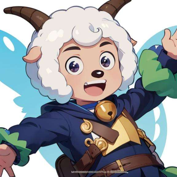 detailed，masterpiece, best quality，horns, solo, male focus, bell, white background, simple background, open mouth, sheep horns, white hair, weapon, sheep, smile, neck bell, watermark, furry