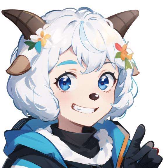 detailed，masterpiece, best quality，solo, smile, gloves, male focus, horns, white background, simple background, sheep horns, furry, white hair, grin, animal ears, teeth, looking at viewer, full body