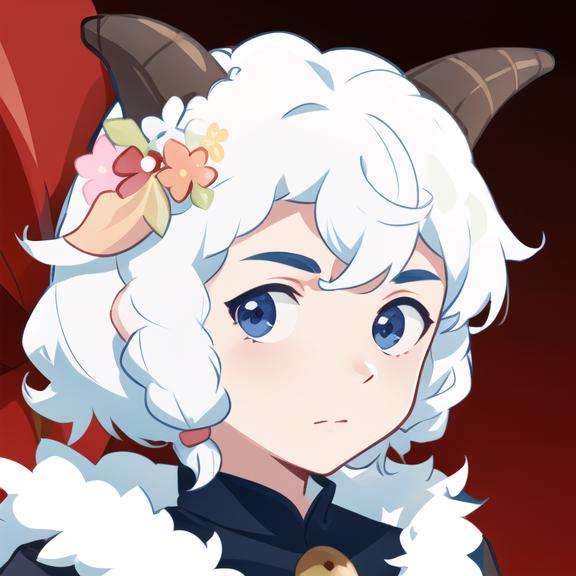 detailed，masterpiece, best quality，horns, sheep horns, furry, white hair, animal ears,a man