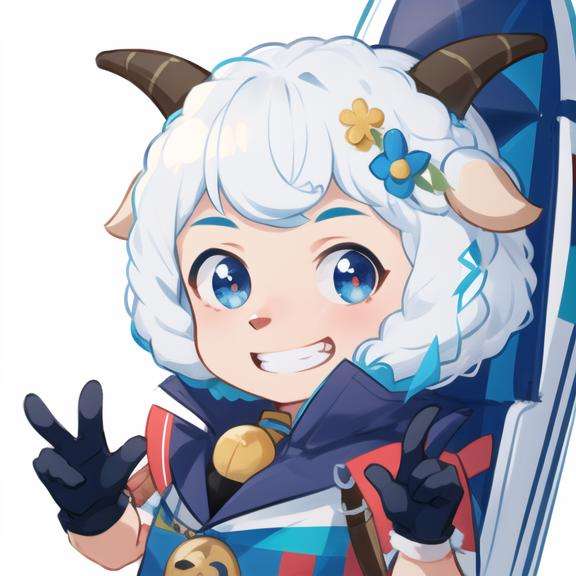 detailed，masterpiece, best quality，solo, smile, gloves, male focus, horns, white background, simple background, sheep horns, furry, white hair, grin, animal ears, teeth, looking at viewer, full body