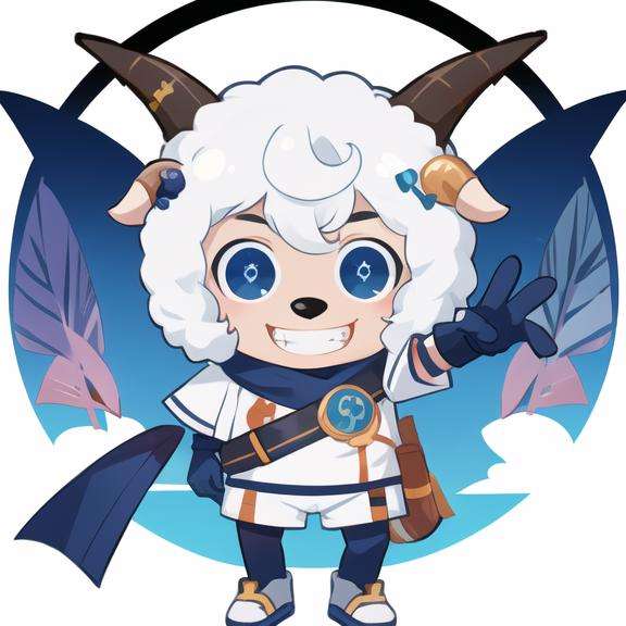 detailed，masterpiece, best quality，solo, smile, gloves, male focus, horns, white background, simple background, sheep horns, furry, white hair, grin, animal ears, teeth, looking at viewer, full body