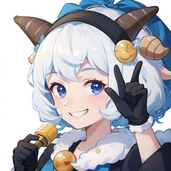 detailed，masterpiece, best quality，solo, smile, gloves, male focus, horns, white background, simple background, sheep horns, furry, white hair, grin, animal ears, teeth, looking at viewer, full body