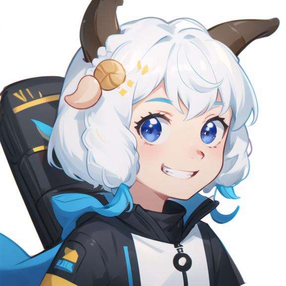 detailed，masterpiece, best quality，solo,  smile, gloves, male focus, horns, white background, simple background, sheep horns, furry, white hair, grin, animal ears, teeth, looking at viewer, full body