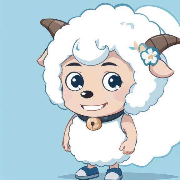 detailed，masterpiece, best quality，solo, blue footwear, white background, bell, simple background, male focus, 1boy, smile, sheep, horns, looking at viewer, black eyes, sheep horns, shoes, sleeveless, full body, furry, standing, collar, animal ears, white hair, :>