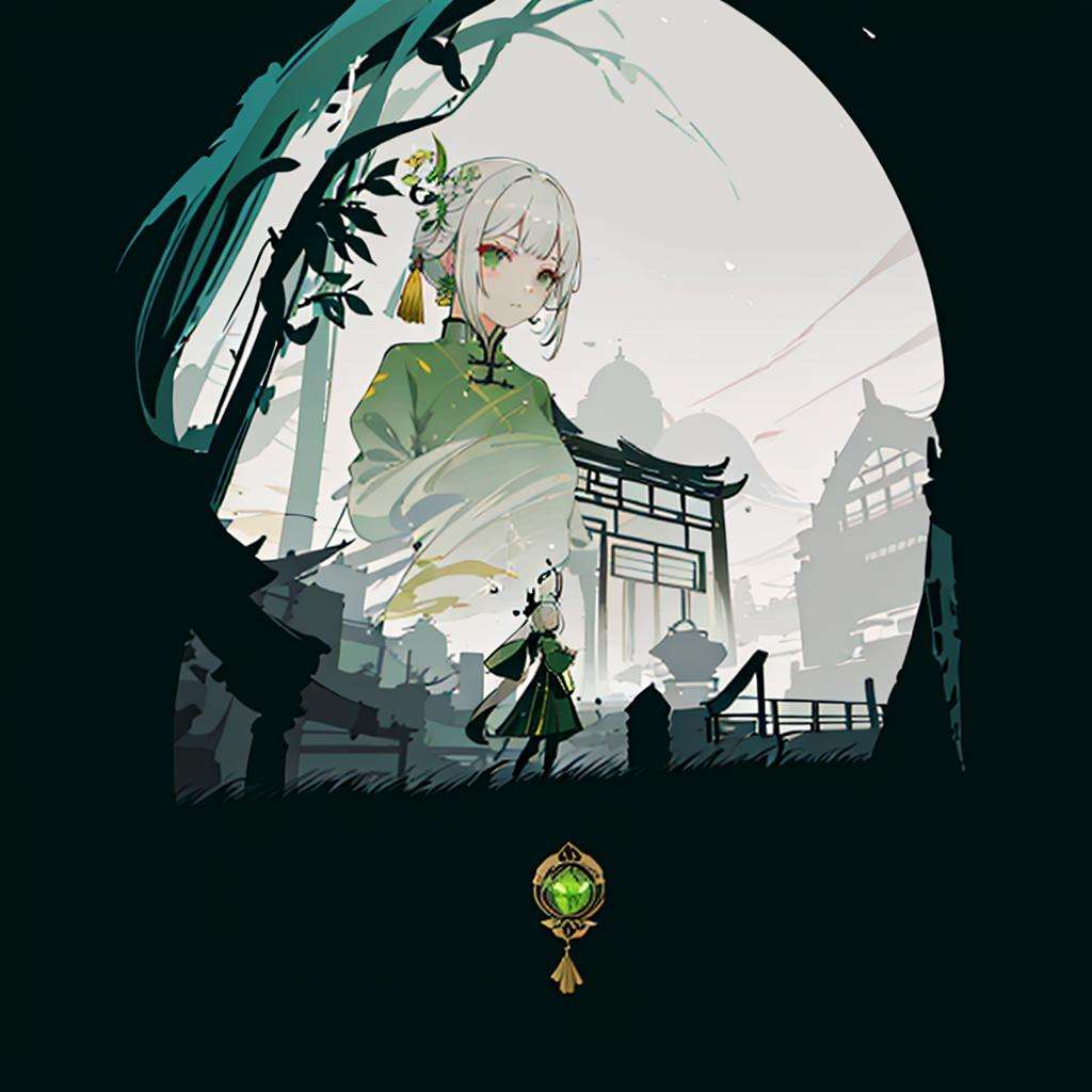 poster, chinese building, 1 girl, green china dress,  white hair, jasmine flower,  <lora:33603973247c4b71d65d6728cebf01abe21a8db7523d17a923130999c3e53da4:1>   <lora:Moxin_10:0.5>