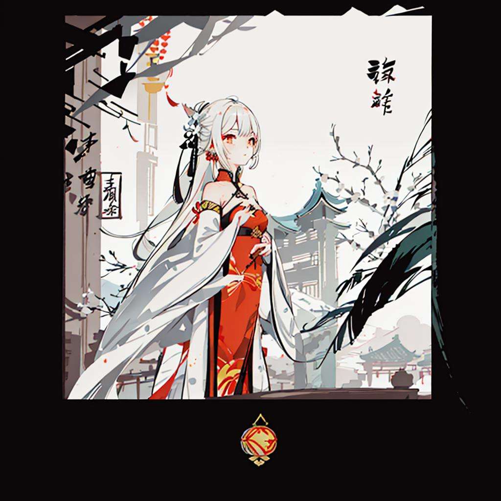 poster, chinese building, 1 girl, china dress,  white hair, jasmine flower,  <lora:33603973247c4b71d65d6728cebf01abe21a8db7523d17a923130999c3e53da4:1>   <lora:Moxin_10:0.6>