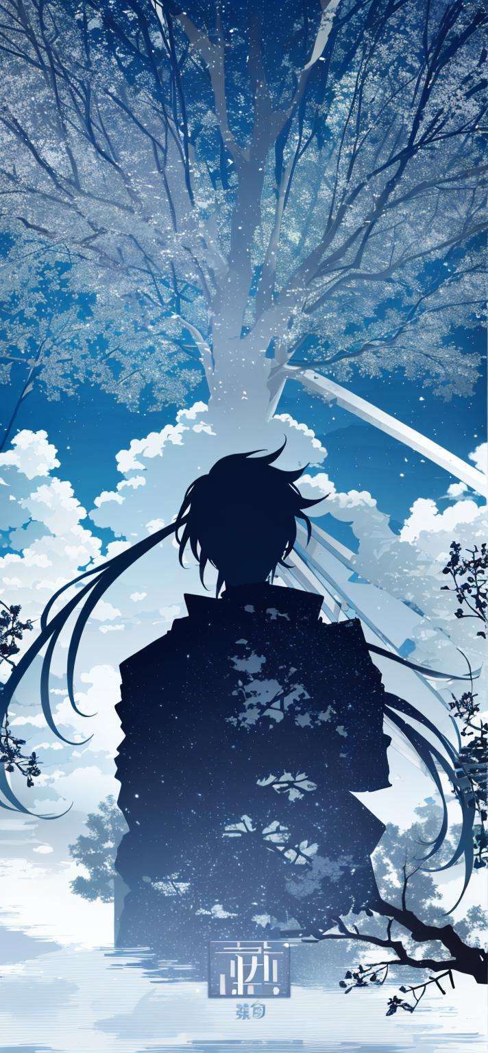 a poster of a man with a sword and a tree in the background with a sky background and a blue background