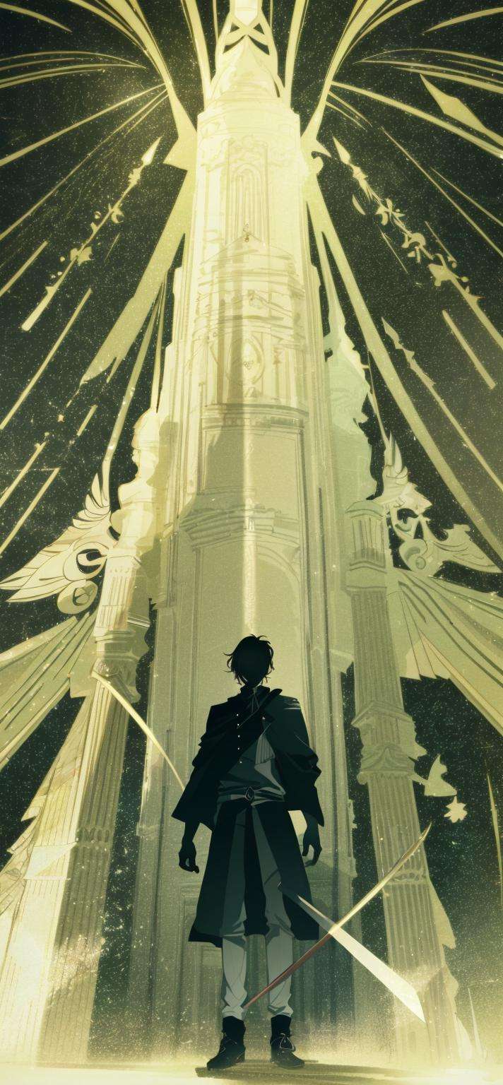 a poster of a man standing in front of a tall tower with a sword in his hand and a yellow light shining on the ground