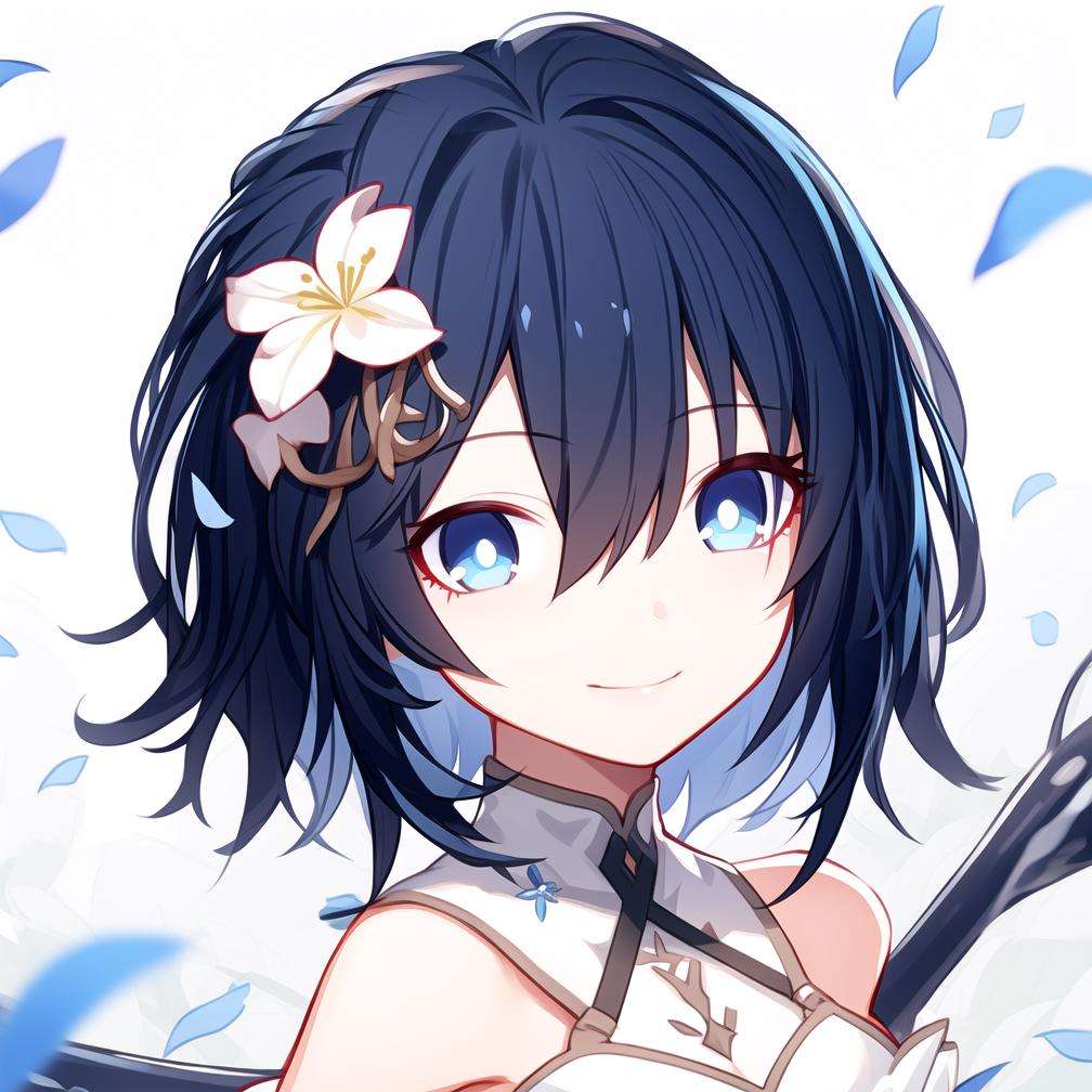 detailed，masterpiece, best quality，a girl,Seele,seele，detailed，masterpiece, best quality，1girl, solo, bangs,hair ornament, hair flower,, blue eyes, short hair,, blue hair, hair between eye，black hair，detailed，1girl, dress, flower, solo, smile, bangs, sleeveless, hair ornament, hair flower, white dress, blue eyes, short hair,, bare shoulders, blue hair, hair between eyes, white flower, blue flower，masterpiece, best quality，black hair，beautiful detailed eyes，cherry blossoms，flower petals，beautiful detailed sky，arm ribbon，