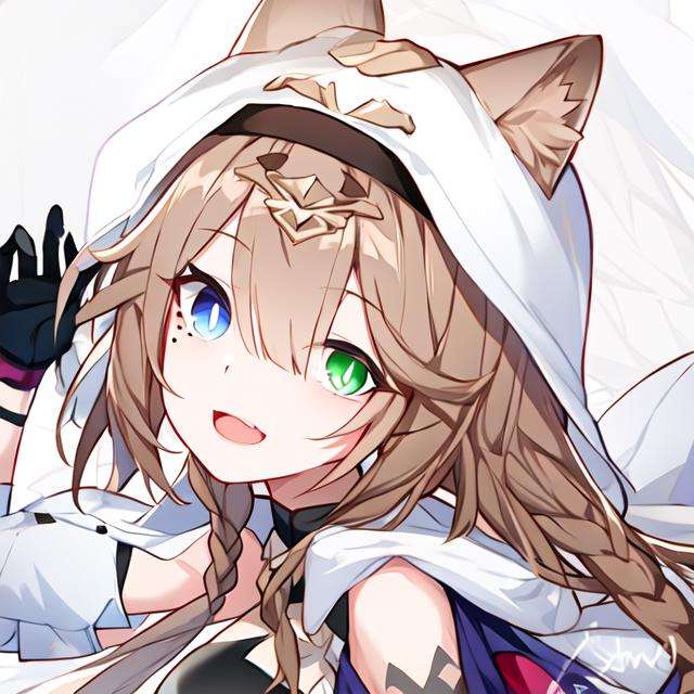 <lora:pardofelis:0.8>(heterochromia:1.1), masterpiece, best quality, soft lighting, absurdres, looking at viewer, solo, official costume, pardofelis (honkai impact), cat girl, bright pupils, blue eyes, green eyes, light brown hair, mole under eye, breasts, cat, cat ears,, open mouth, tail, smile, animal ears, looking at viewer, solo, hood, brown hair, bangs, bikini, swimsuit, black gloves, (ulzzang-6500:0.9)